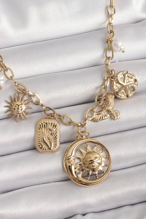 316L Çelik Gold Renk Halka Zincir Sallantı Ay Güneş Figür Kuş Detay Kadın Kolye - TJ-BKO9850 316L Çelik Gold Renk Halka Zincir Sallantı Ay Güneş Figür Kuş Detay Kadın Kolye - TJ-BKO9850