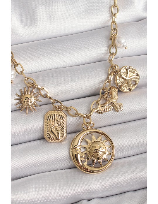 316L Çelik Gold Renk Halka Zincir Sallantı Ay Güneş Figür Kuş Detay Kadın Kolye - TJ-BKO9850