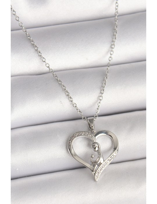 316L Çelik Gümüş Renk Zincir Zirkon Taş Detaylı Kalp Model Kadın Kolye - TJ-BKO9854