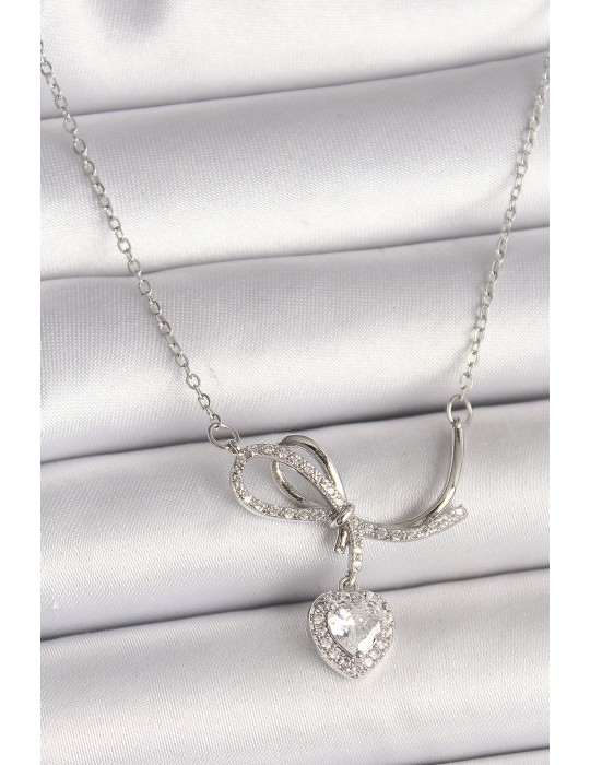 316L Çelik Gümüş Renk Zincir Zirkon Taşlı Düğüm Sallantı Kalp Figür Kadın Kolye - TJ-BKO9856
