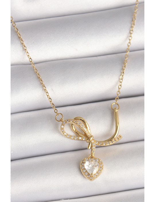 316L Çelik Gold Renk Zincir Zirkon Taşlı Düğüm Sallantı Kalp Model Kadın Kolye - TJ-BKO9857
