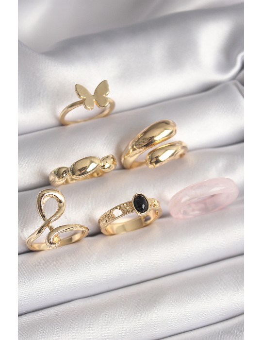 Pirinç Gold Renk Figür Sarmal Model 6'Lı Kadın Yüzük Seti - TJ-BYK3608