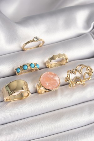 Pirinç Gold Renk Daire Pembe Mineli Zirkon Taş Detaylı 6'Lı Kadın Yüzük Seti - TJ-BYK3610 Pirinç Gold Renk Daire Pembe Mineli Zirkon Taş Detaylı 6'Lı Kadın Yüzük Seti - TJ-BYK3610