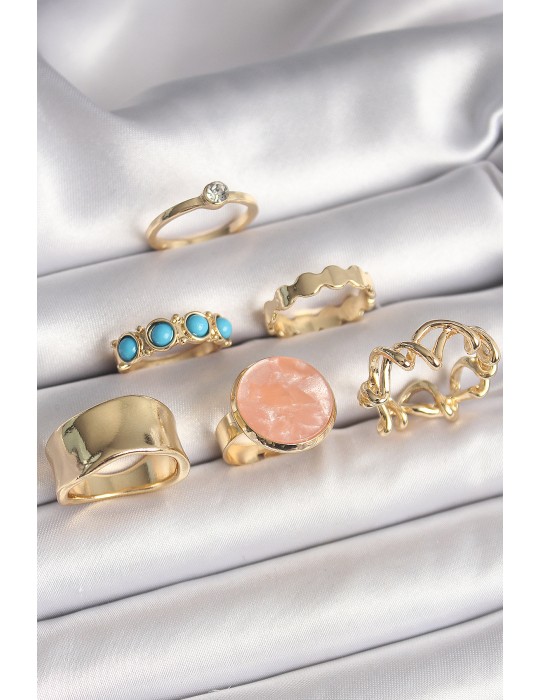 Pirinç Gold Renk Daire Pembe Mineli Zirkon Taş Detaylı 6'Lı Kadın Yüzük Seti - TJ-BYK3610