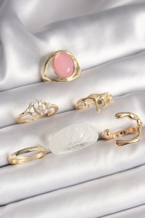 Pirinç Gold Renk Zirkon Taş Detaylı Pembe Mineli 6'Lı Kadın Yüzük Seti - TJ-BYK3619 Pirinç Gold Renk Zirkon Taş Detaylı Pembe Mineli 6'Lı Kadın Yüzük Seti - TJ-BYK3619