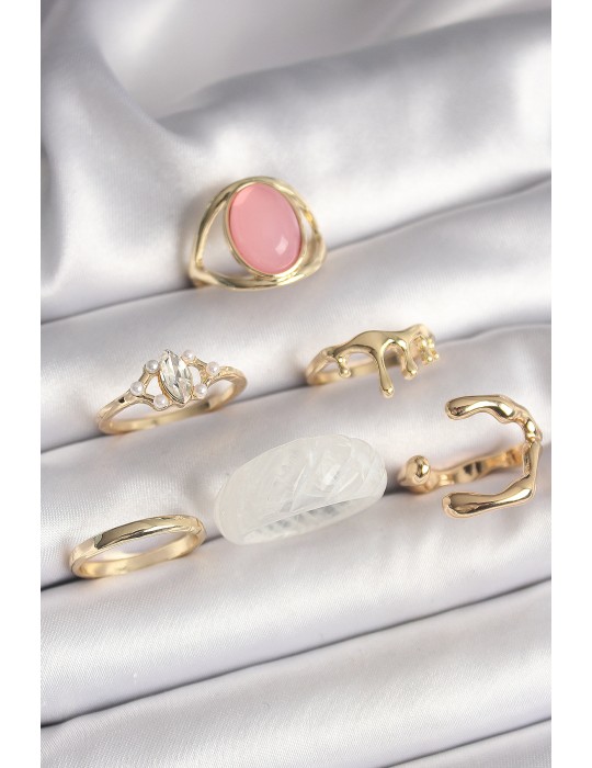 Pirinç Gold Renk Zirkon Taş Detaylı Pembe Mineli 6'Lı Kadın Yüzük Seti - TJ-BYK3619