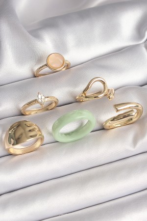 Pirinç Gold Renk Zirkon Taşlı Daire Pembe Mineli Detay 6'Lı Kadın Yüzük Seti - TJ-BYK3630