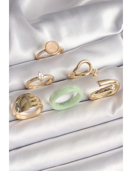 Pirinç Gold Renk Zirkon Taşlı Daire Pembe Mineli Detay 6'Lı Kadın Yüzük Seti - TJ-BYK3630