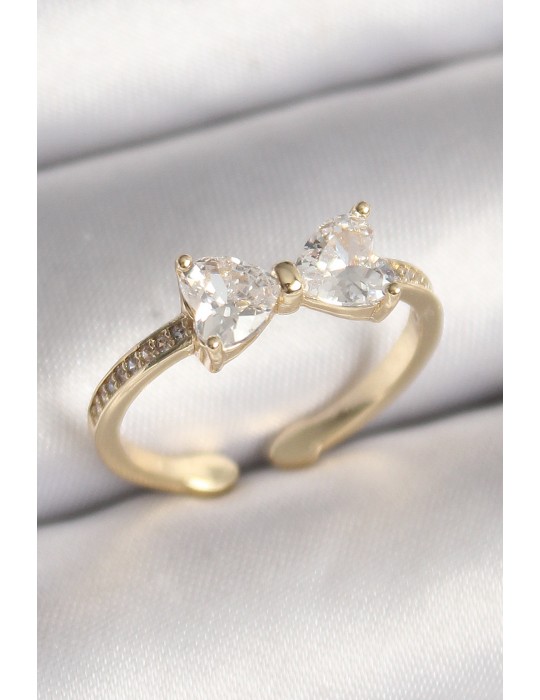 Pirinç Gold Renk Zirkon Taşlı Kalp Fiyonk Model Kadın Yüzük - TJ-BYK3640