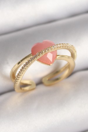 Pirinç Gold Renk Pembe Kristal Kalp Model Zirkon Taş Detaylı Kadın Yüzük - TJ-BYK3645 Pirinç Gold Renk Pembe Kristal Kalp Model Zirkon Taş Detaylı Kadın Yüzük - TJ-BYK3645