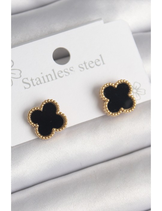316L Çelik Gold Renk Siyah Yonca Model Kadın Küpe - TJ-BKP10199