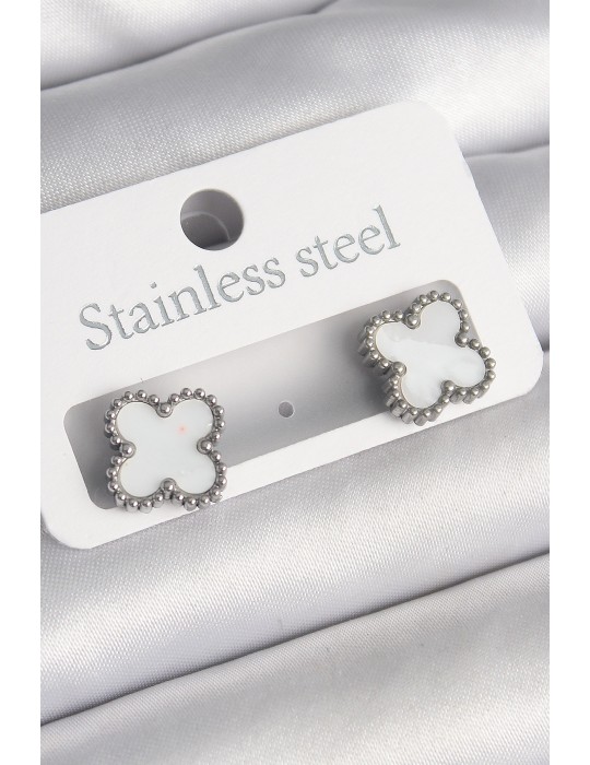 316L Çelik Gümüş Renk Beyaz Yonca Model Kadın Küpe - TJ-BKP10200