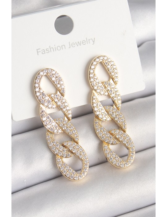 Pirinç Gold Renk Zirkon Taşlı Zincir Model Kadın Küpe - TJ-BKP10202