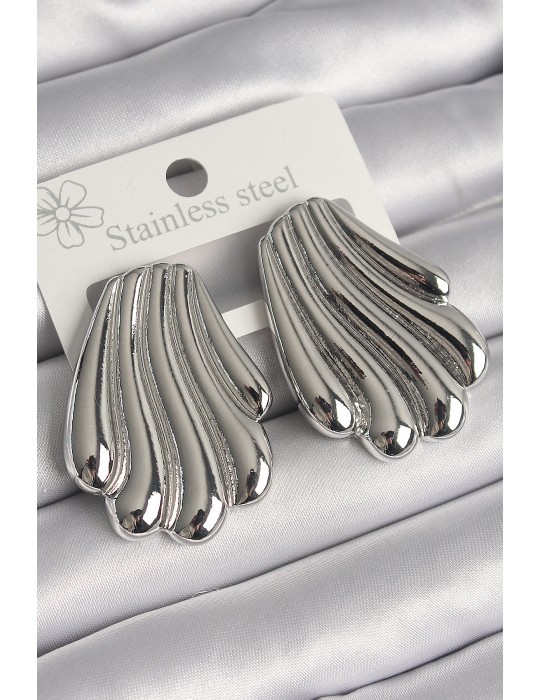 Pirinç Gümüş Renk İşlemeli İstiridye Model Kadın Küpe - TJ-BKP10231