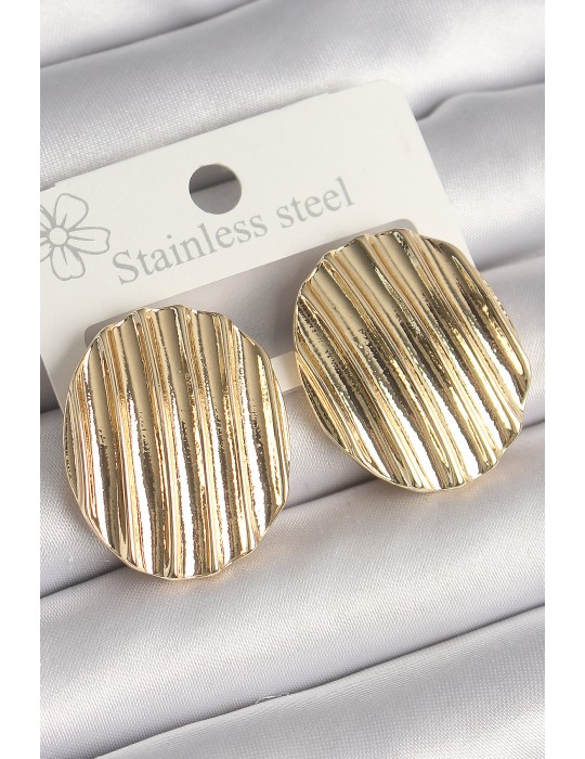 Pirinç Gold Renk İşlemeli Daire Plaka Model Kadın Küpe - TJ-BKP10244