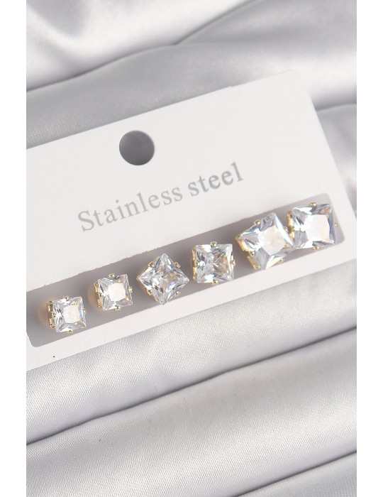 316L Çelik Gold Renk Kare Zirkon Taş Model Kadın Küpe Seti - TJ-BKP10304