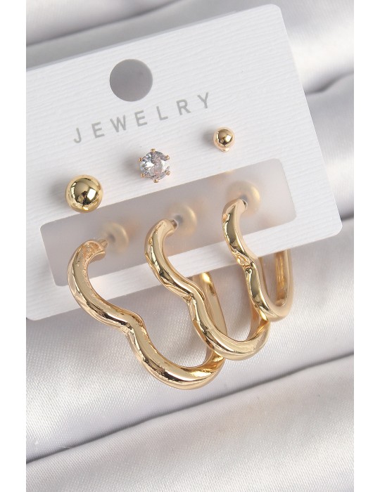 Pirinç Gold Renk Kalp Model Zirkon Taşlı Topçuk Detay Kadın Küpe Seti - TJ-BKP10308