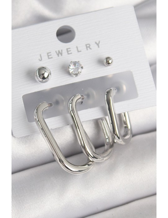 Pirinç Gümüş Renk Halka Model Zirkon Taşlı Topçuk Detay Kadın Küpe Seti - TJ-BKP10313