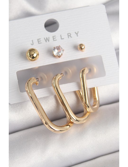 Pirinç Gold Renk Halka Model Zirkon Taş Topçuk Detay Kadın Küpe Seti - TJ-BKP10314