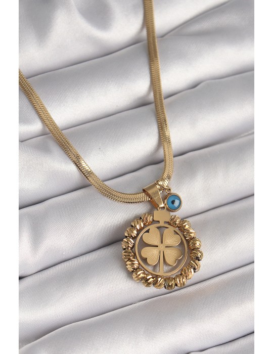 316L Çelik Gold Renk İtalyan Zincir Dorika Yonca Model Nazar Boncuk Detay Kadın Kolye - TJ-BKO9875
