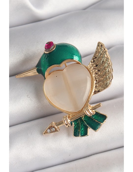 Pirinç Gold Renk Beyaz Mineli Kalp Yeşil Sinek Kuşu Model Pembe Zirkon Taş Detay Kadın Broş - TJ-BR419