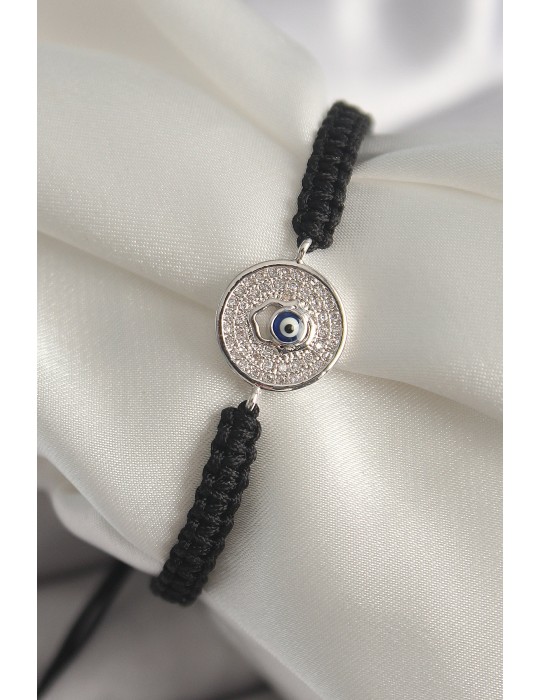 Pirinç Gümüş Renk Zirkon Taşlı Nazar Boncuk İşleme Makrome Asansörlü Model Kadın Bileklik - TJ-BB6787