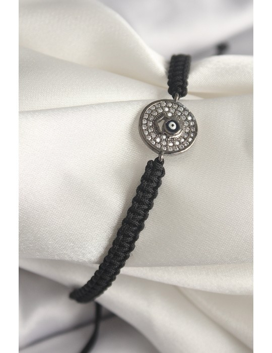 Pirinç Füme Renk Zirkon Taşlı Nazar Boncuk İşleme Makrome Asansörlü Model Kadın Bileklik - TJ-BB6788