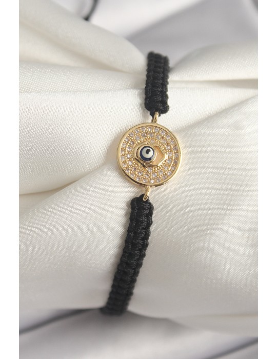 Pirinç Gold Renk Zirkon Taşlı Nazar Boncuk İşleme Makrome Asansörlü Model Kadın Bileklik - TJ-BB6789