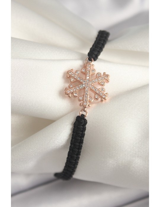 Pirinç Rose Renk Zirkon Taşlı Kar Tanesi Figür Makrome Asansörlü Model Kadın Bileklik - TJ-BB6790