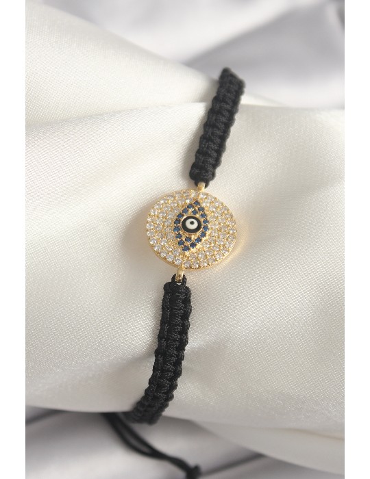 Pirinç Gold Renk Zirkon Taşlı Göz İşlemeli Figür Asansörlü Makrome Model Kadın Bileklik - TJ-BB6792