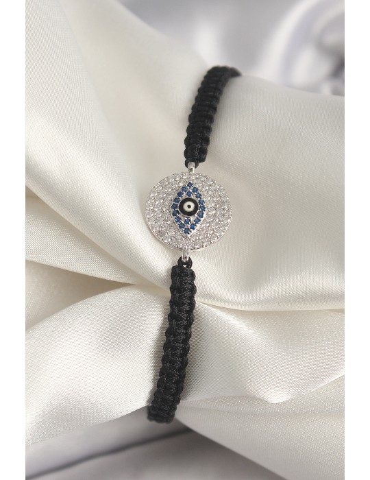 Pirinç Gümüş Renk Zirkon Taşlı Göz İşlemeli Figür Asansörlü Makrome Model Kadın Bileklik - TJ-BB6793