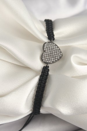 Pirinç Füme Renk Zirkon Taşlı Kalp Figür Asansörlü Makrome Model Kadın Bileklik - TJ-BB6794