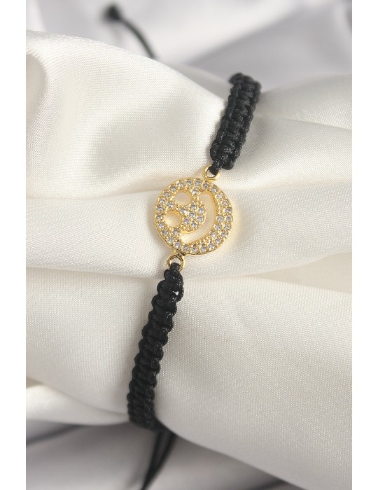 Pirinç Gold Renk Zirkon Taşlı Taç Figür Asansörlü Makrome Model Kadın Bileklik - TJ-BB6797