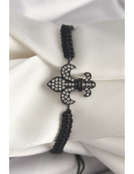 Pirinç Siyah Renk Zirkon Taşlı Zambak Figür Asansörlü Makrome Model Kadın Bileklik - TJ-BB6800