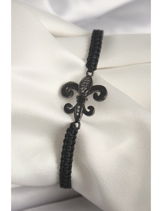 Pirinç Siyah Renk Zirkon Taş İşlemeli Zambak Figür Asansörlü Makrome Model Kadın Bileklik - TJ-BB6805