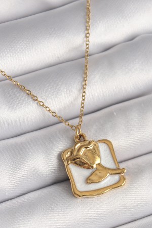 316L Çelik Gold Renk Zincir Beyaz Mineli Gül Portre Model Kadın Kolye - TJ-BKO9880