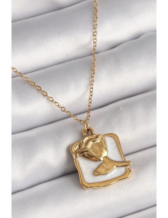 316L Çelik Gold Renk Zincir Beyaz Mineli Gül Portre Model Kadın Kolye - TJ-BKO9880