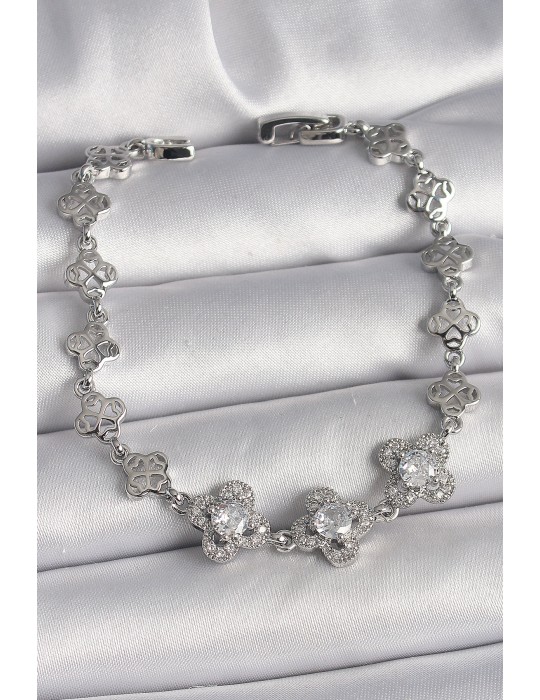 Pirinç Gümüş Renk Zirkon Taşlı Yonca Model Kadın Bileklik - TJ-BB6813