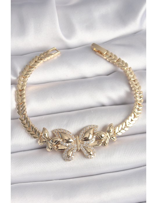 Pirinç Gold Renk Zirkon Taşlı Model Kadın Bileklik - TJ-BB6814