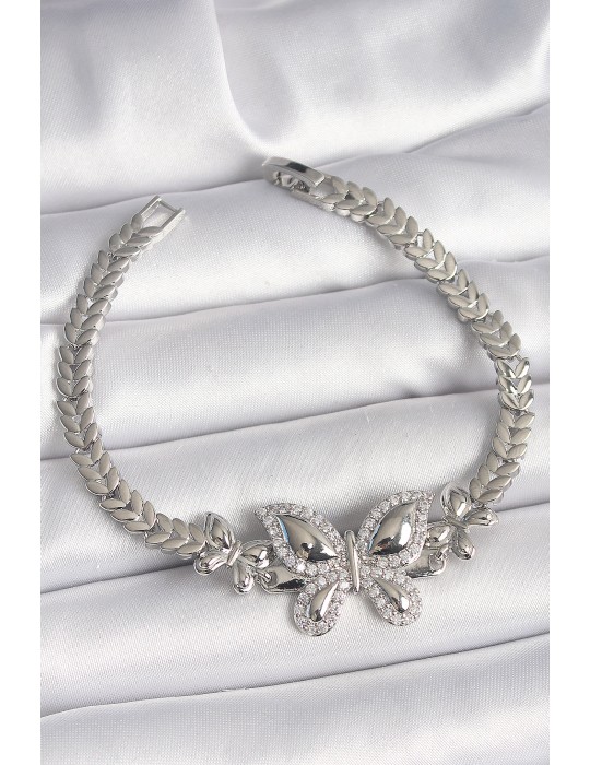 Pirinç Gümüş Renk Zirkon Taşlı Model Kadın Bileklik - TJ-BB6815