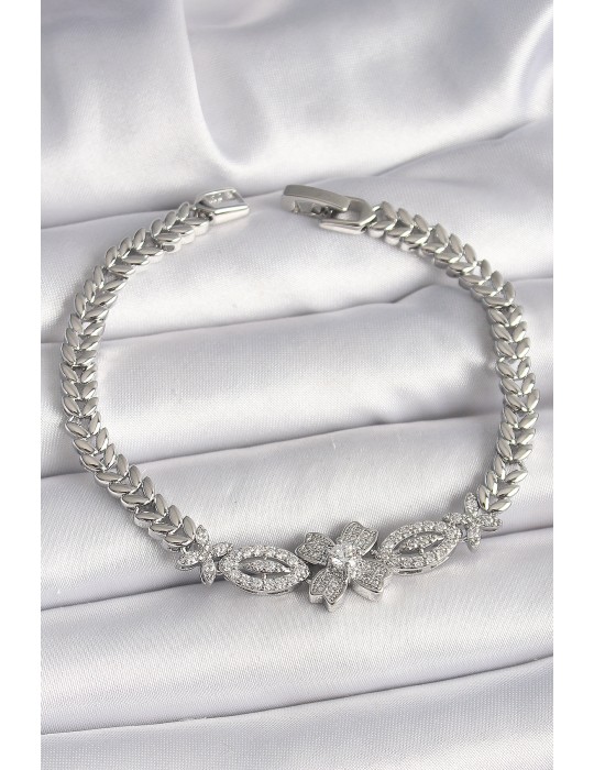 Pirinç Gümüş Renk Zirkon Taşlı Çiçek Figür Arpa Zincir Model Kadın Bileklik - TJ-BB6817
