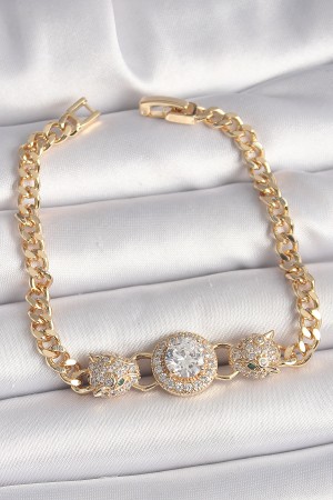 Pirinç Gold Renk Zirkon Taşlı Leopar Figür Zincir Model Kadın Bileklik - TJ-BB6828 Pirinç Gold Renk Zirkon Taşlı Leopar Figür Zincir Model Kadın Bileklik - TJ-BB6828