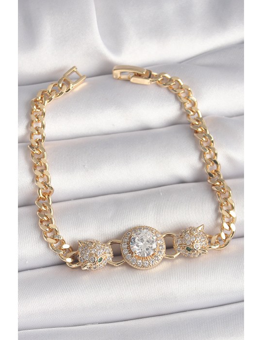 Pirinç Gold Renk Zirkon Taşlı Leopar Figür Zincir Model Kadın Bileklik - TJ-BB6828
