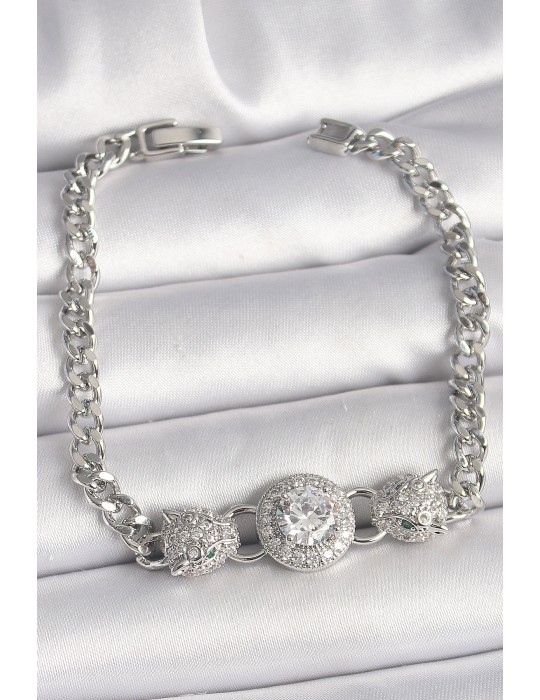 Pirinç Gümüş Renk Zirkon Taşlı Leopar Figür Zincir Model Kadın Bileklik - TJ-BB6829