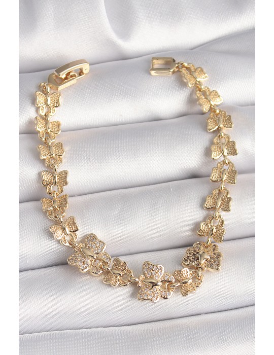 Pirinç Gold Renk Zirkon Taşlı Model Zincir Kadın Bileklik - TJ-BB6834