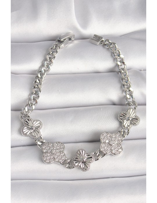 Pirinç Gümüş Renk Zincir Yonca Model Kadın Bileklik - TJ-BB6837