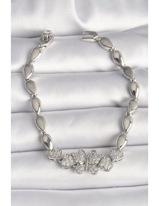 Pirinç Gümüş Renk Zirkon Taşlı Figür Damla Zincir Model Kadın Bileklik - TJ-BB6841