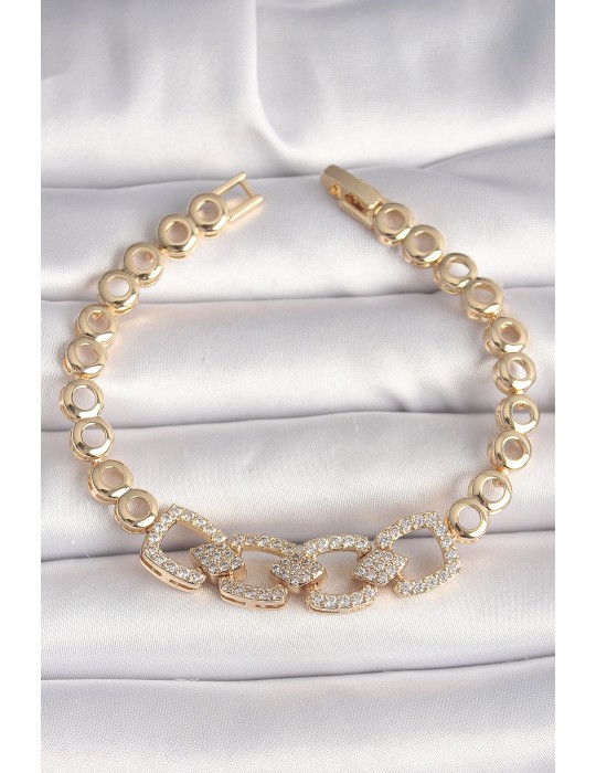 Pirinç Gold Renk Zirkon Taşlı Daire Zincir Model Kadın Bileklik - TJ-BB6842