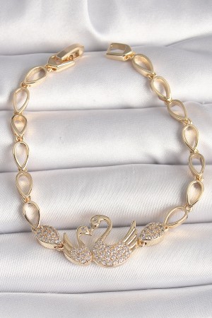 Pirinç Gold Renk Zirkon Taşlı Kuğu Figür Damla Zincir Model Kadın Bileklik - TJ-BB6849 Pirinç Gold Renk Zirkon Taşlı Kuğu Figür Damla Zincir Model Kadın Bileklik - TJ-BB6849