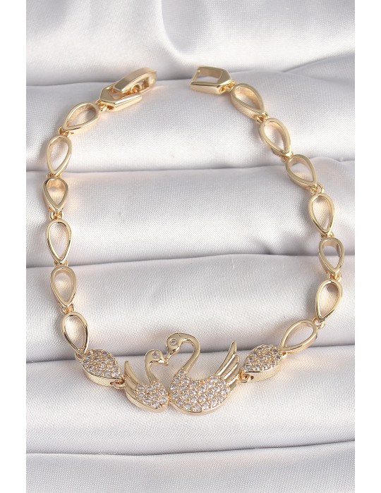 Pirinç Gold Renk Zirkon Taşlı Kuğu Figür Damla Zincir Model Kadın Bileklik - TJ-BB6849